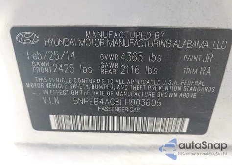 2014 Hyundai Sonata Gls z USA, uszkodzony, nr VIN 5NPEB4AC8EH903605